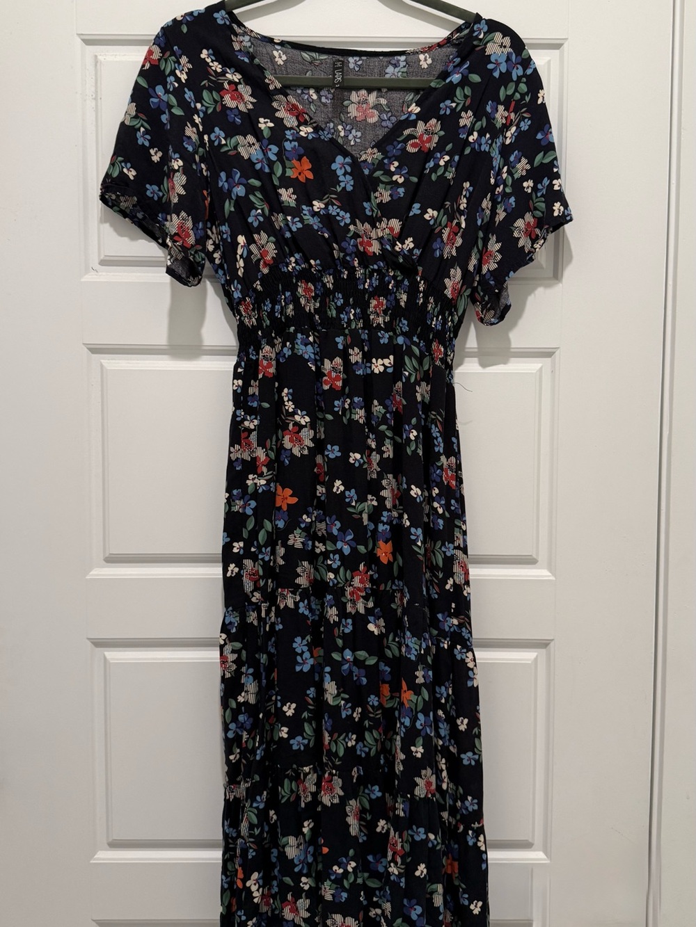 Lapis Black Floral Midi Dress with Smocked Waist